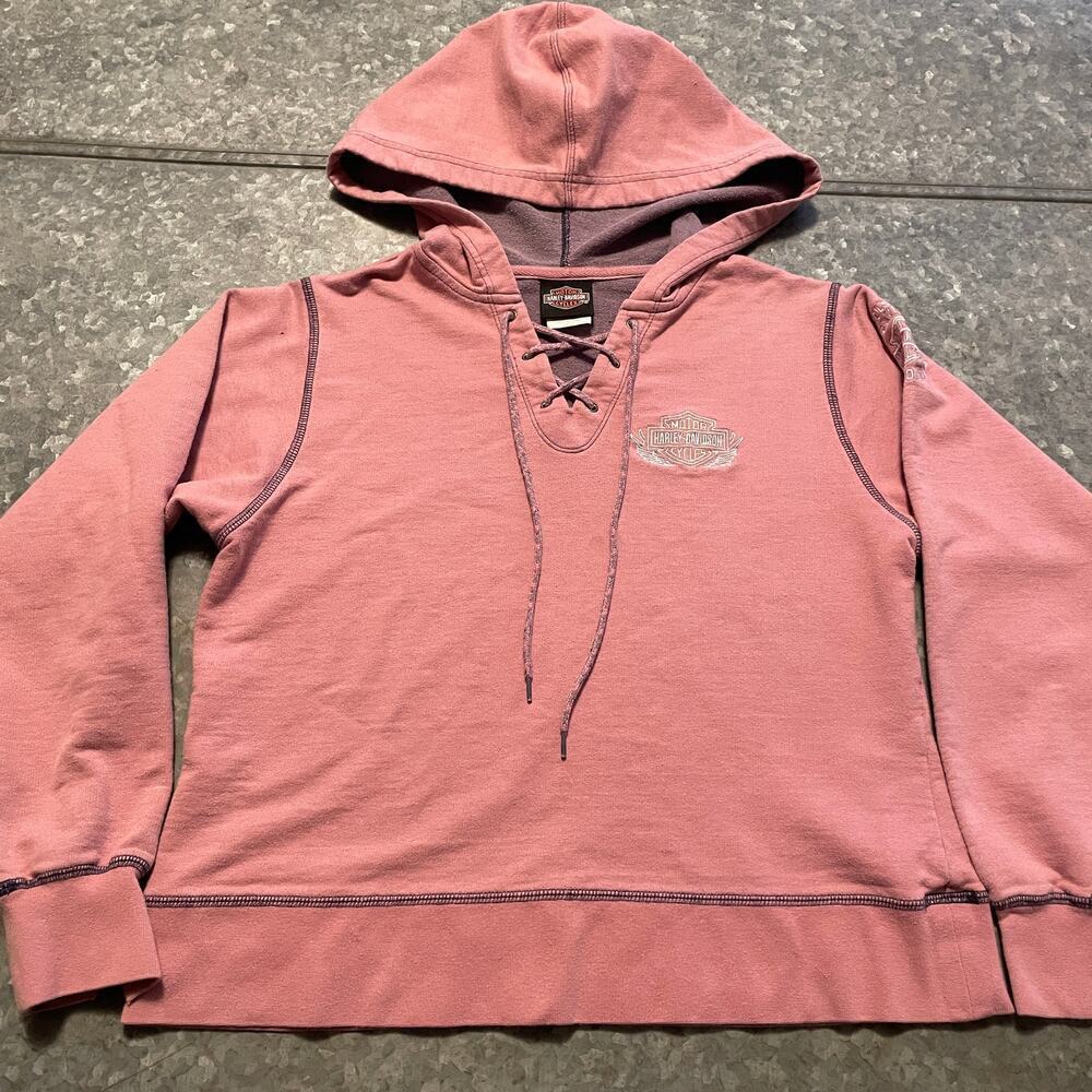 Harley Davidson Vintage Y2K Pink Lace Up Hoodie Sweatshirt Womens Medium Grunge